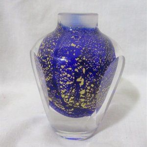 Handmade Studio Art Glass Vase Cut Crystal Paperweight COLORFUL BLUE GOLD Fleck